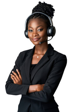 Beautiful african woman call center operator isolated on white background, Woman with headphones looking at camera and smiling