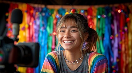 Obraz premium Vibrant LGBTQ+ Influencer Hosting Pride Month Live Stream with Positivity.