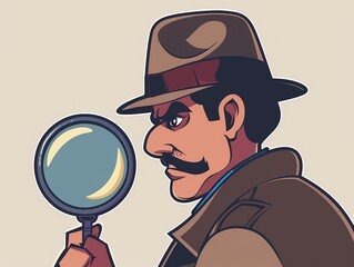 Classic detective agency clipart, magnifying glass, flat art, simple cartoon 2D emblem