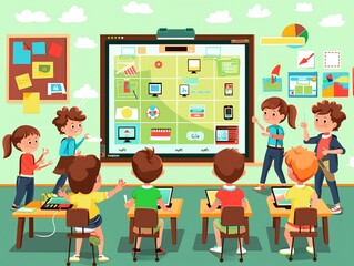 Classroom technology integration clipart, smart board, flat art, simple cartoon 2D