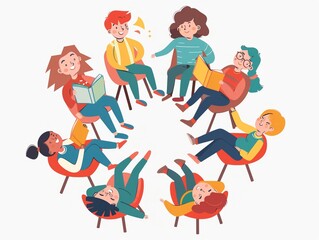 Classroom book club and reading group clipart, discussion circle, flat art, simple cartoon 2D emblem