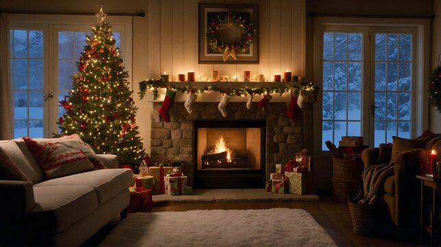 fireplace with christmas decorations. cozy christmas living room