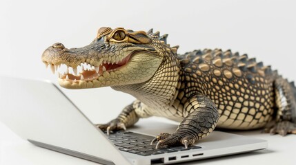 Fototapeta premium Crocodile using laptop on white background in studio.