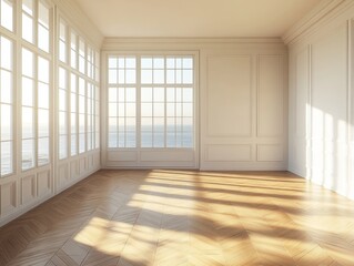 Fototapeta premium A large, empty room with a large window overlooking the ocean