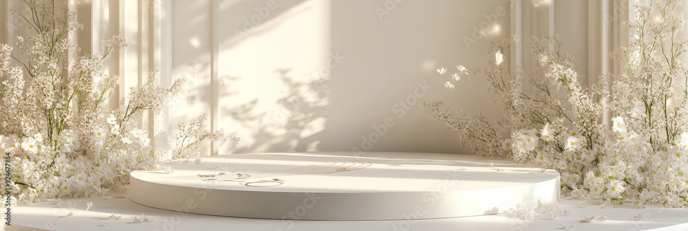 Poster a pristine white podium adorned with delicate white flowers and soft sunlight, creating an elegant a