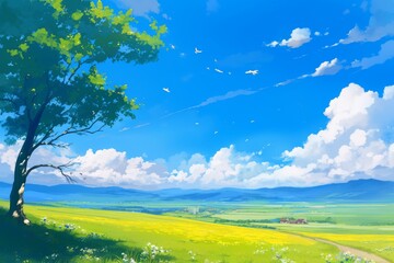 Obraz premium Beautiful Summer Landscape with a Green Tree, Yellow Flowers, Blue Sky and White Clouds. Digital Art Illustration