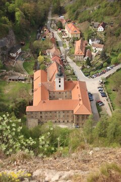 view of the large church among the hills