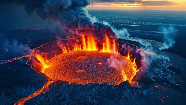 The scene is apocalyptic, with flaming lava scalding and gushing out of the crater, volcanic fumes, and smoke billowing around.