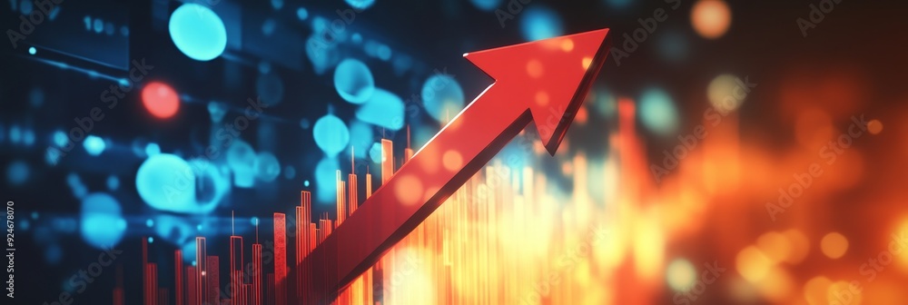 Poster a red arrow pointing upwards against a backdrop of data points and blurred lights, symbolizing growt