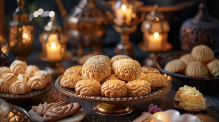 Obraz premium An assortment of elegant traditional pastries on a decorative platter surrounded by ornate lanterns. Concepts of culinary art, cultural celebration, and Eid al Adha, Eid al Fitr.