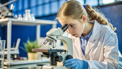 In the lab, a young scientist carefully examines samples under the microscope, deep in study.