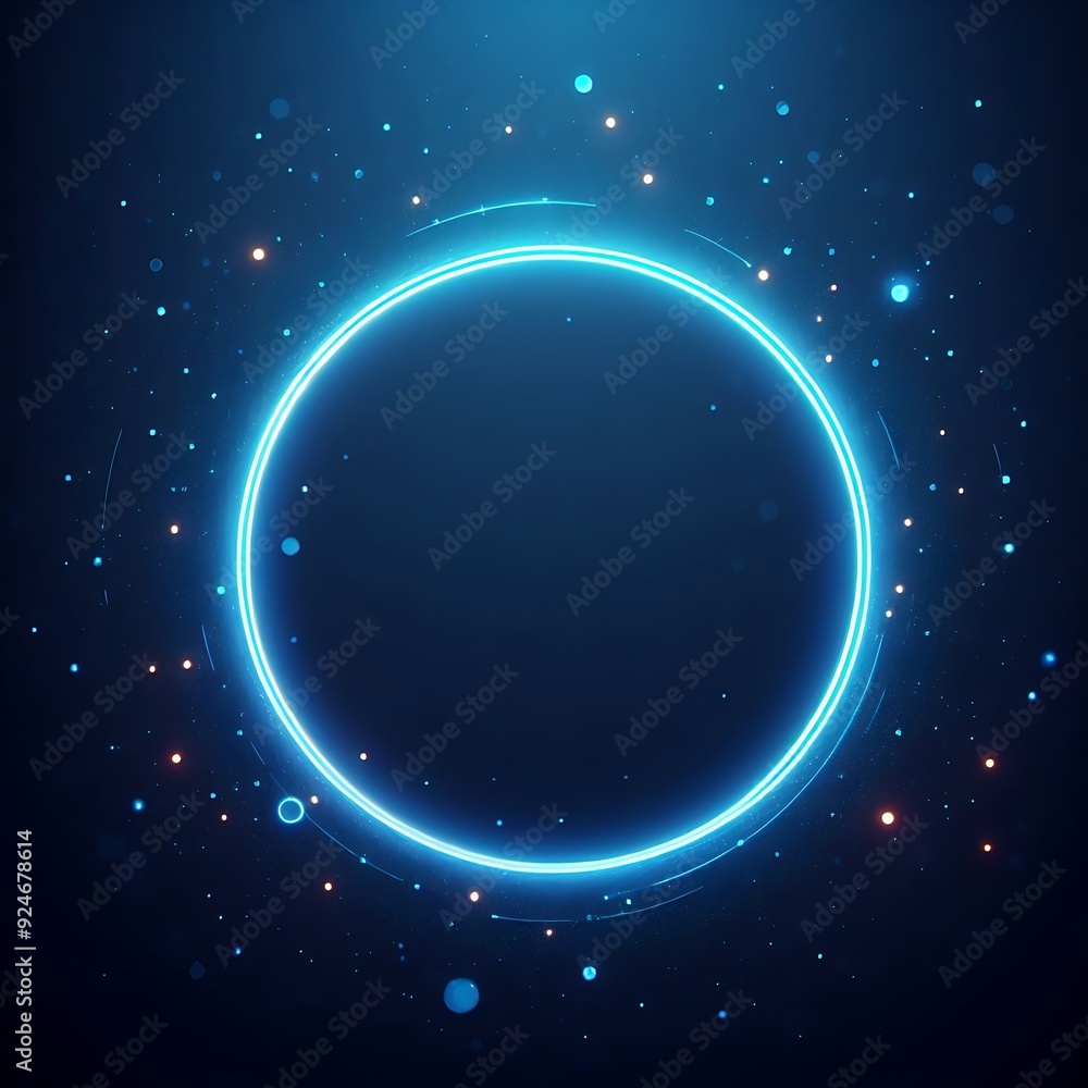 Poster a blue circle with a bright light inside of it. the circle is surrounded by a lot of small dots