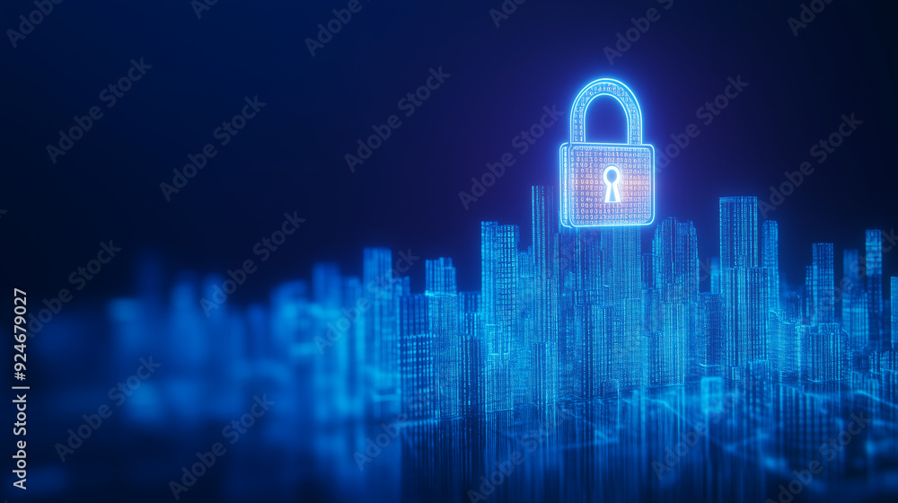 Poster a cityscape made of digital code with a prominent padlock icon hovering above, representing the laye