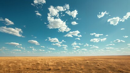 Fototapeta premium Expansive golden field under a brilliant blue sky scattered with fluffy white clouds, creating a serene atmosphere and inviting thoughts of adventure and tranquility.