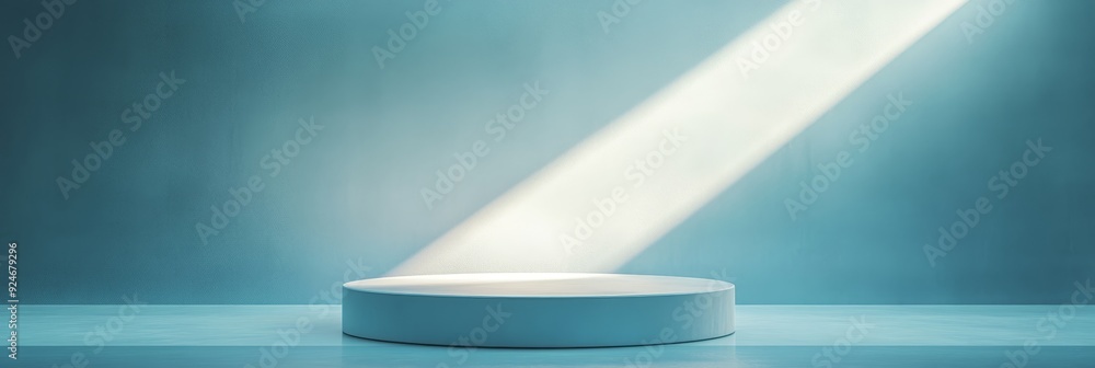 Poster a simple, elegant product display platform with a single light beam illuminating the center. the blu