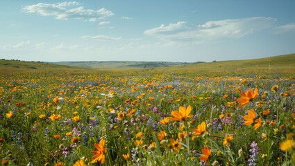 A breathtaking panorama of a vibrant wildflower field under a clear blue sky, showcasing a tapestry of colors and textures that invite exploration and appreciation of nature.