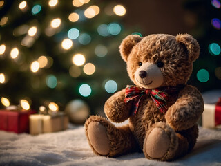 A teddy bear sits with a small gift, with a blurry background of Christmas lights and a decorated pine tree.