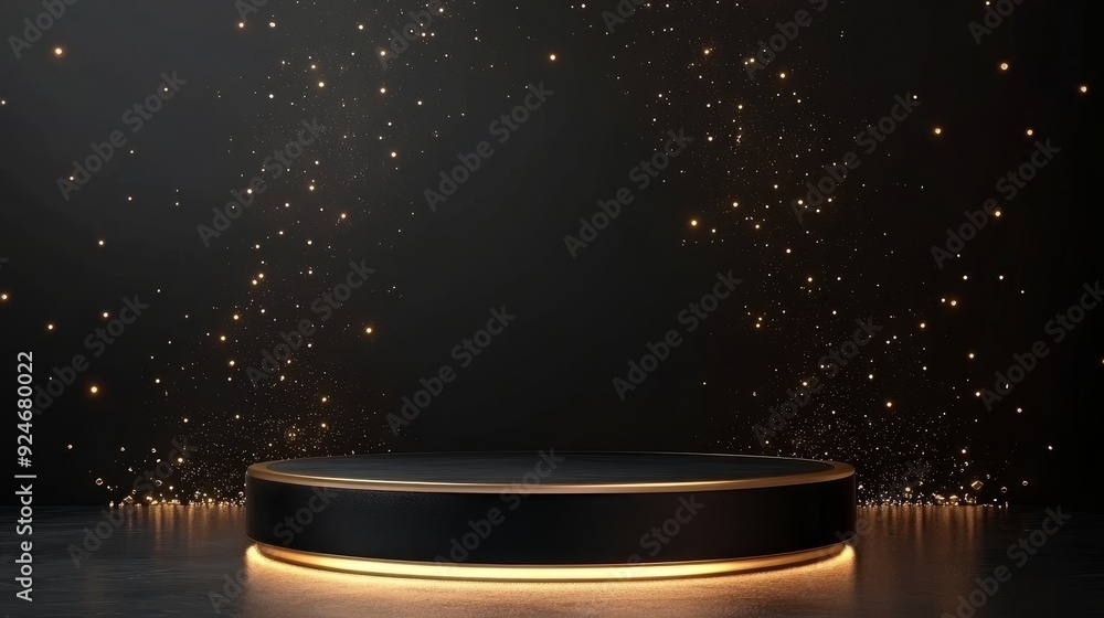 Poster a sleek black podium with a golden rim is illuminated from below, creating a dramatic and luxurious 