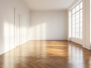 Obraz premium A large, empty room with white walls and wooden floors