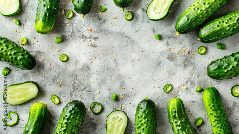 Aufkleber arrangement of cut green cucumbers from above with empty space for text