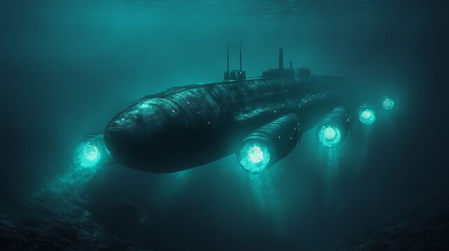 A submarine glides silently through the dark depths of the ocean, its lights piercing the water, symbolizing exploration, mystery, power, technology, and the hidden depths of the sea.
