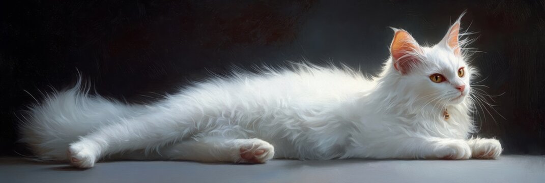 A stunning white cat with golden eyes lies gracefully on a dark background, radiating elegance and serenity. The soft, fluffy fur and piercing gaze create a captivating image, representing purity, bea