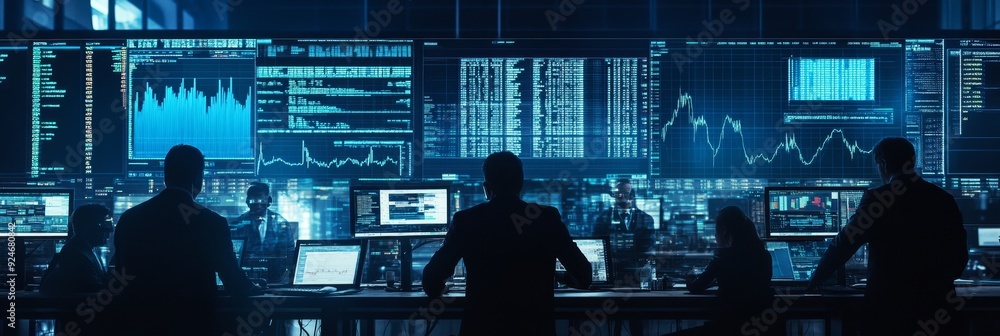 Aufkleber a team of data analysts works late into the night, analyzing financial charts and graphs displayed o
