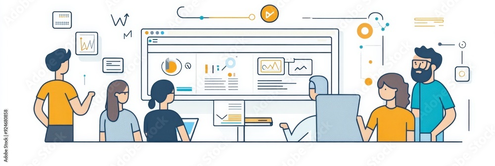 Aufkleber a team of four people, including a man with a beard, stand around a large screen displaying graphs a