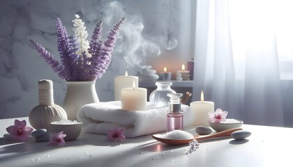 Fototapeta premium Serene Spa Ambiance: Super Realistic Photograph with White and Bisque Tones, Gentle Steam, and Meditative Atmosphere 