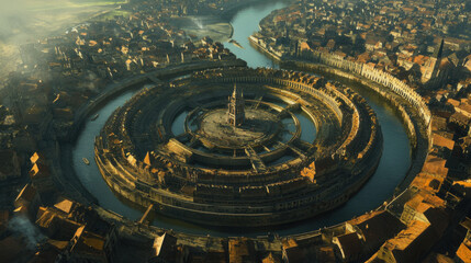 A historical European city with concentric circular buildings and water channels, featuring