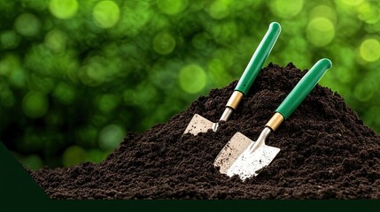 Tools of spring gardening amidst rich soil under a sunny sky