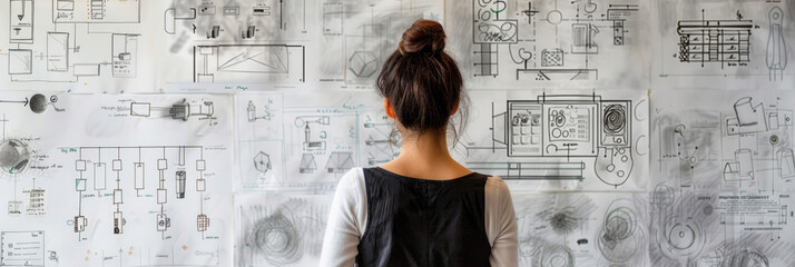 Naklejka premium A woman studies intricate designs and diagrams on a studio wall while brainstorming creative ideas