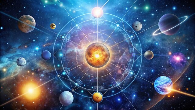 Stellar Nexus: Celestial bodies, astrological symbols, starlit connections, cosmic vibrations, celestial navigation