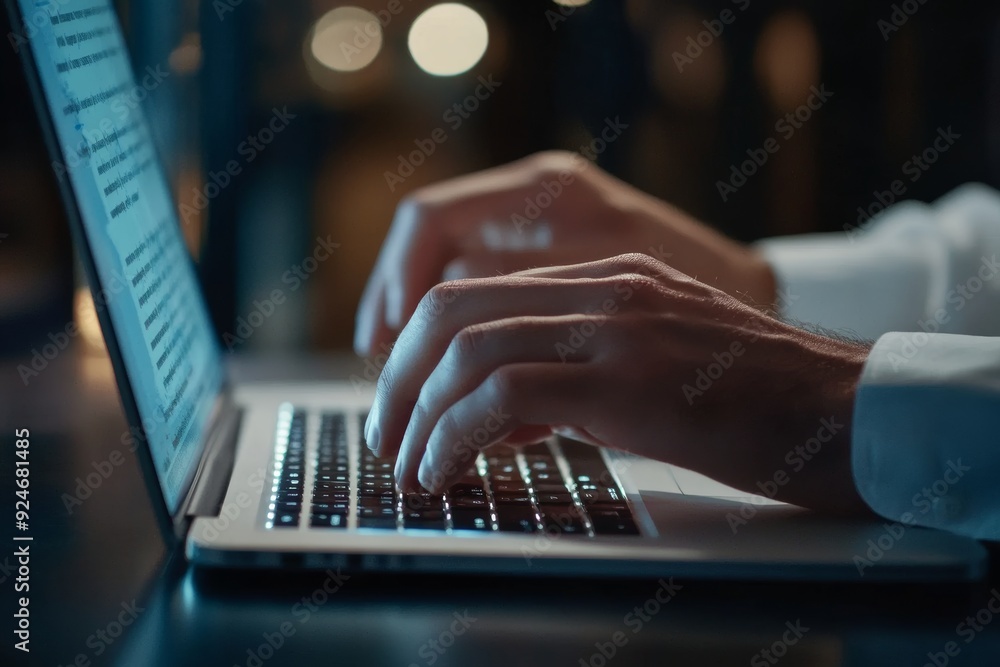 Wall mural businessman typing on laptop, browsing the internet, and working at the desk in an office setting