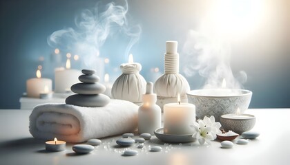 Serene Spa Ambiance: Super Realistic Photograph with White and Bisque Tones, Gentle Steam, and Meditative Atmosphere	
