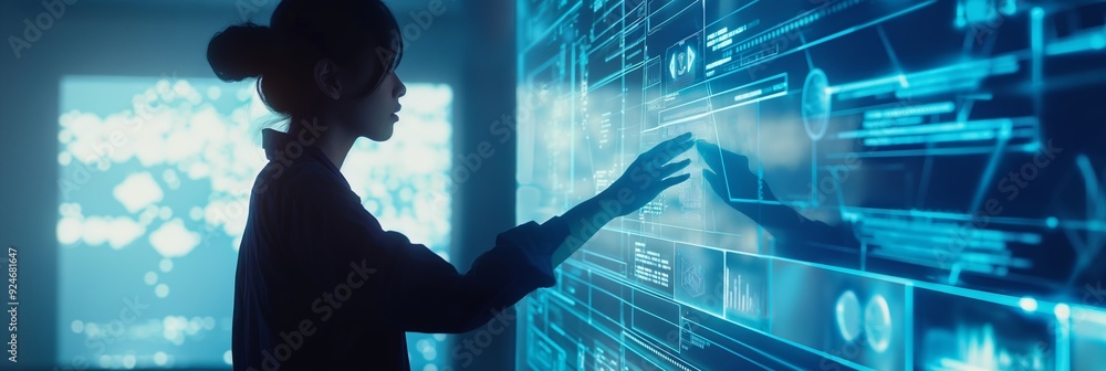 Poster an individual exploring a futuristic digital interface, representing advanced technology, innovation
