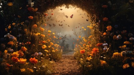 Obraz premium Mystical fantasy forest landscape with flower magic portal.