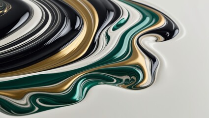 Abstract art with black, white, gold and green paint. Swirls and textures, liquid, modern art.