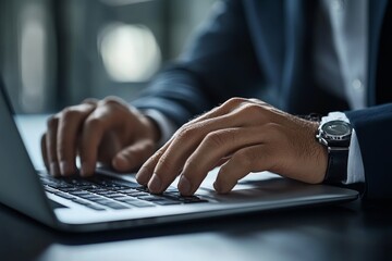 Photography shot, Closeup of businessman hand typing on laptop computer at office. Business man working on computer device, searching the information, surfing the internet on table at workplace.