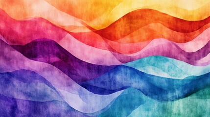 A vibrant and abstract watercolor painting featuring colorful waves in a rainbow spectrum.  This image represents fluidity, movement, and the beauty of nature.