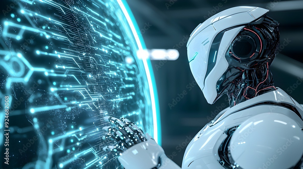 Poster futuristic robot interacts with a digital interface, showcasing advanced technology and innovation i