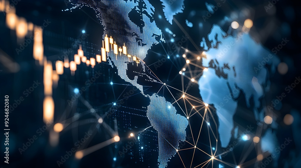 Poster intricate digital world map showcasing a network of data connections and financial trends across the