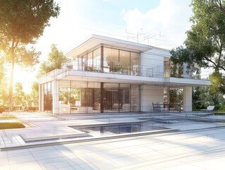 Home architecture exterior renovation contractor banner with realistic and wireframe drawing