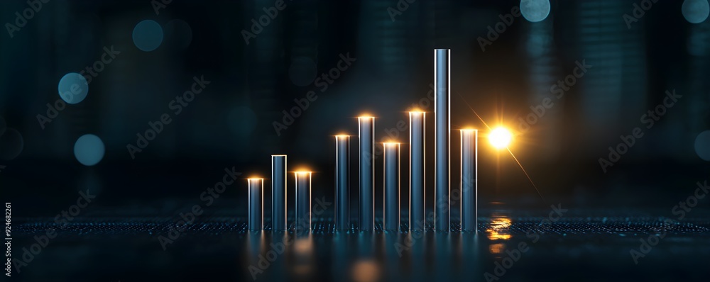 Poster modern financial graph with glowing bar chart against a dark background, symbolizing growth and prog