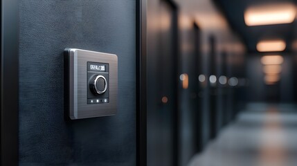 Modern digital lock on a sleek hallway wall, showcasing security and technology in contemporary design.