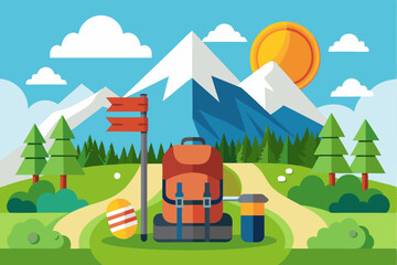 Backpack, Hiking Equipment, and Mountain Landscape