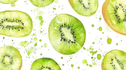 Fototapeta premium A vibrant watercolor illustration of kiwi fruit slices arranged on a white background with splashes of green paint, symbolizing freshness, health, vitality, and summer.