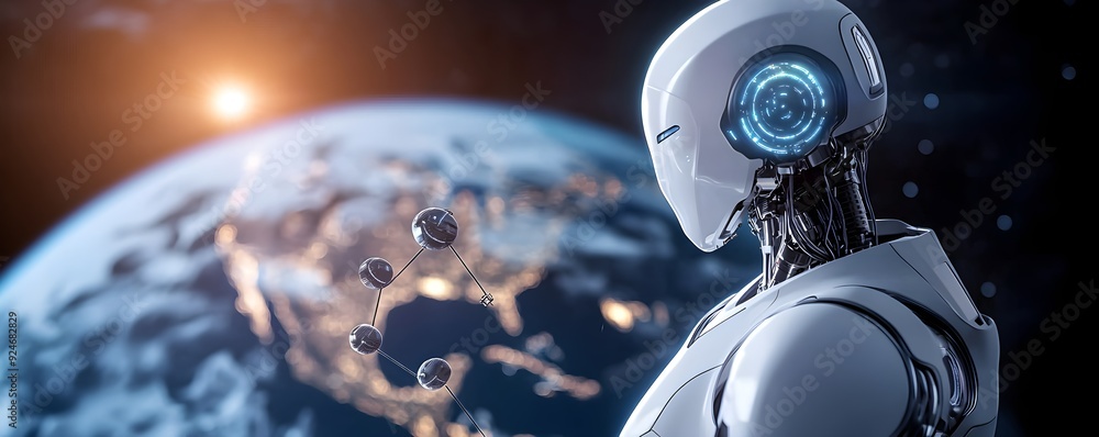 Poster futuristic robot gazing at earth, showcasing advanced technology and the potential of artificial int