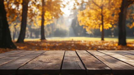 Wooden table on the background of the autumn park. The generation of AI