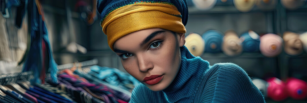 A young woman with a striking headscarf gazes thoughtfully in a vibrant clothing store